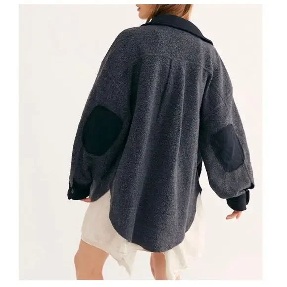 Free People Ruby Button Up Oversized Shirt Jacket Shacket Charcoal Gray Black XL - Picture 2 of 14